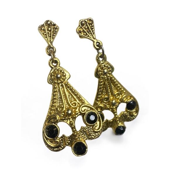Goldtone Black Post Pierced Earrings Art Deco Style 2 Inch Drop - Picture 1 of 5